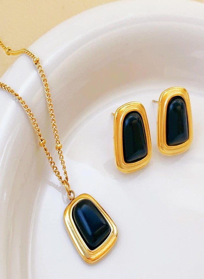 Busnos Vintage Geometric Stone Black and Gold Earrings Necklace Set for Women Cute Square Black Stud Earring Necklace Set Chunky Boho Statement Gold Stainless Steel Earrings Unique Gifts for Her - Image 3
